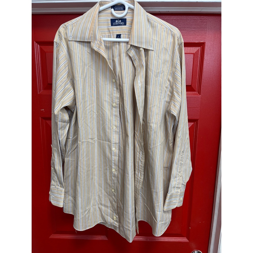 Stafford Mens Micro Pinpoint Oxford Dress Shirt Tan White Striped 17 34-35